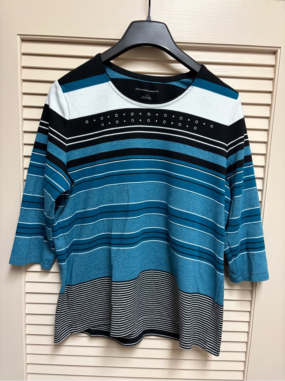 Allison Daley Womens Large Blue Striped Studded 3/4 Sleeve Knit Top Minimalist